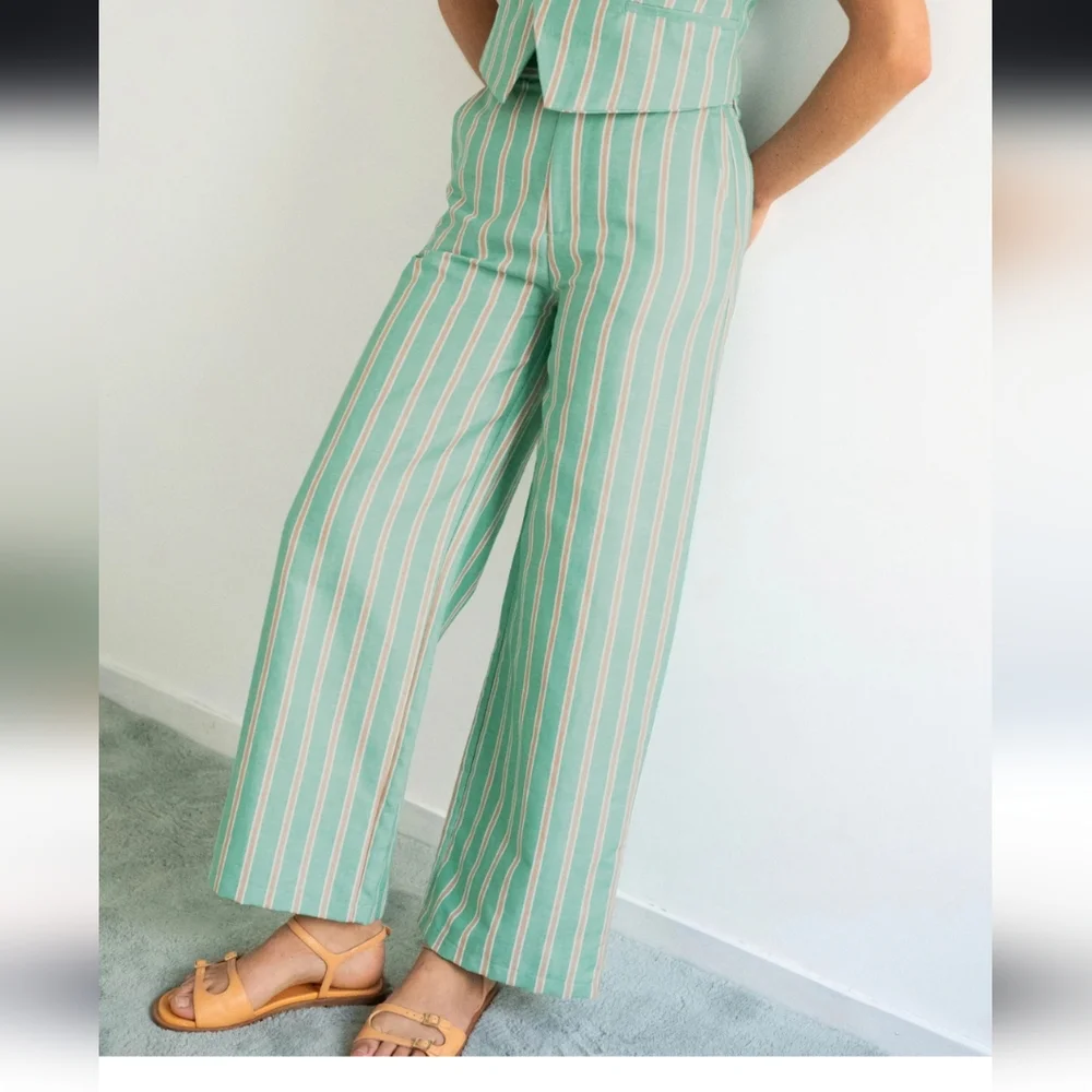 Striped Green Wide-Leg Pants - Picture 2 of 6